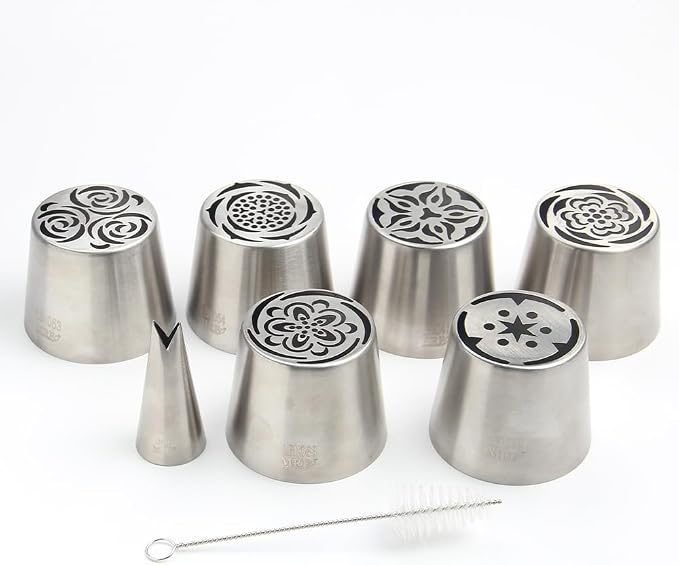 8 Pieces Stainless Steel Extra Large Russian Tulip Icing Tips Kit, 6 Russian Cupcake Dessert Marshmallow Piping Nozzle,1 Cleaning Brush,1 Medium Leaf Icing Tip for Cake Decorations,Pastry Baking Tools