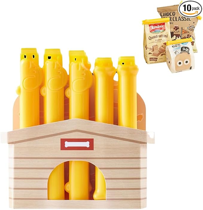 Ouliget Magnetic Refrigerator Sealing Clip,Chip Clips with Magnet Storage Box,Puppy Bone Shaped Food Packages Clips,Kitchen Food Freshness Bag Clip,Yellow,10 Pieces
