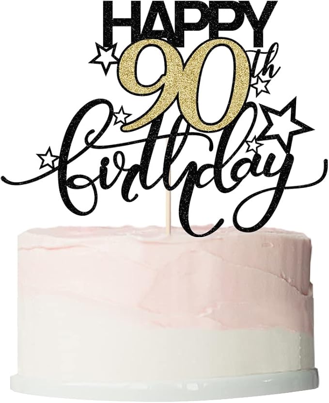 Happy Birthday Cake Topper,Black font Golden Numbers 90th Birthday Cake Decoration，Hello 90, Cheers to 90Years/90th Anniversary ，90& Fabulous Party Decoration