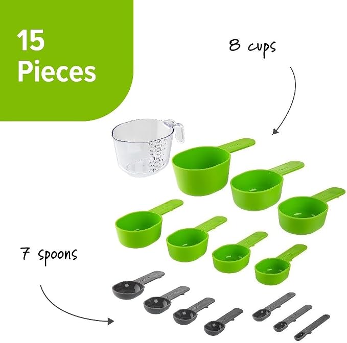 15 Piece Measuring Cups and Spoons Set with Magnetic Handles | BPA-Free Materials, Dishwasher Safe, Nested Design, 8 Cups & 7 Spoons, Compact Storage