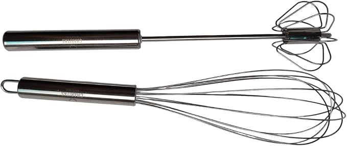 12'' Egg Whisk Combo - Stainless Steel Manual Balloon whisk and Semi-Automatic Whisk, Egg Beater, Hand Push Rotary - Mixing, Frothier, Stirring baking/beating eggs, Durable, Easy-Grip/Heat-Resistant.