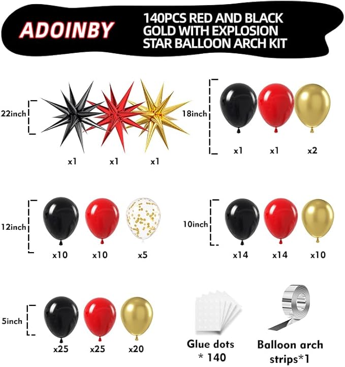 Red and Black Gold Balloon Arch Kit, 140Pcs Explosion Star Black and Red Metallic Gold Balloons 22 18 12 10 5 Inch Different Size Balloons for Birthday Casino Night Movie Night Decorations