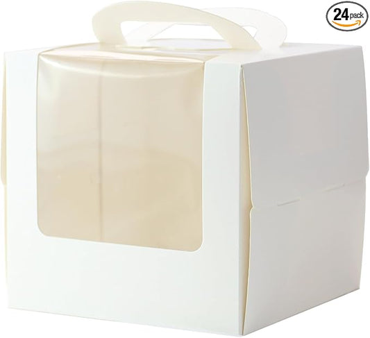 6 Inch Cake Boxes with Boards - 24 Pack White Pastry Boxes, 6x6x6 Inches with Handle for Cupcakes, Bento, Desserts, Christmas, Birthday, Wedding Party Favor