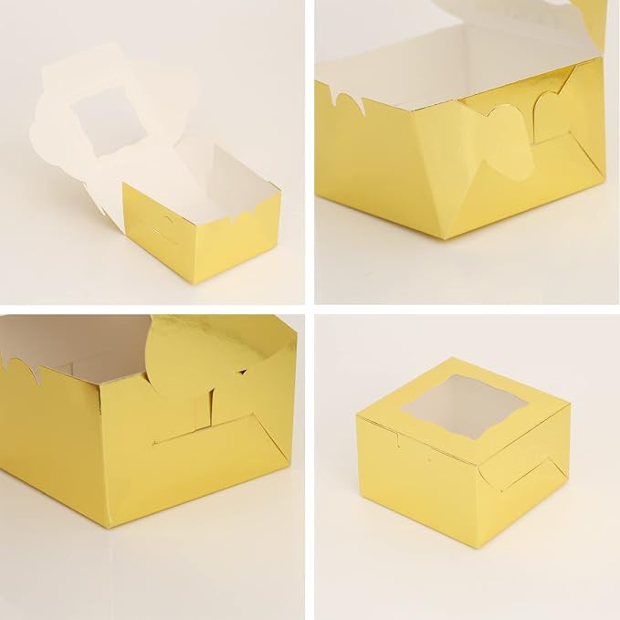 100Pcs Paper Cookie Boxes With Window Small Bakery Boxes 4x4x2.5 Inches Mini Cake Boxes For Pastries,Cupcakes,Desserts,Donuts,Chocolate Strawberries,Candy,Treat Boxes(Gold)