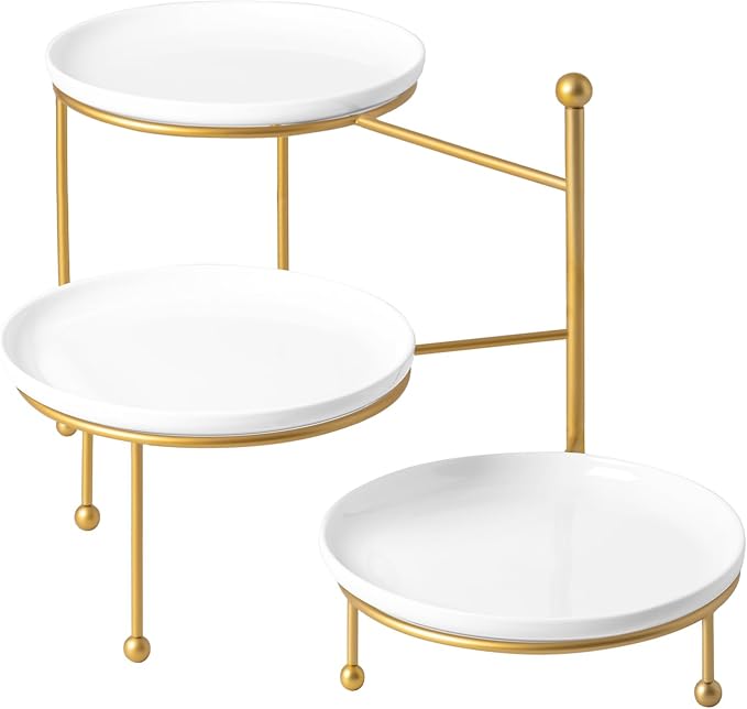 Kanwone 3 Tiered Serving Stand with White Porcelain Plates, 10" Round Tray, dessert table display set, Gold Metal Stand, Versatile & Durable