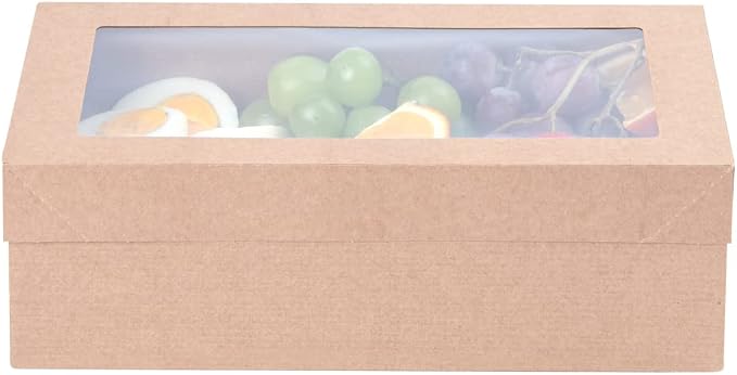 Restaurantware Cater Tek 10.2 x 6.1 x 3.2 Inch Catering Boxes 10 Insert Tab Lock Baked Goods Boxes - Window Lids Easy Assembly Kraft Paper Window Pastry Boxes For Charcuterie Or Cupcakes