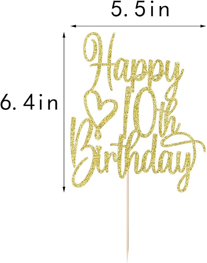 Gold Glitter Happy 10th Birthday Cake Topper - Cheers to 10 Years Cake Topper, 10 & Fabulous Cake Decoration for Hello 10th Birthday Anniversary Party Cake Decorations Supplies
