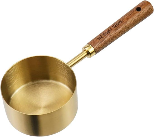 1/2 Cup Measuring Cup with Wooden Handle, 125ml Stainless Steel Measuring Scoop 1/2 Cup Measuring Cups for Baking Cooking Wet and Dry Ingredients (125ml)