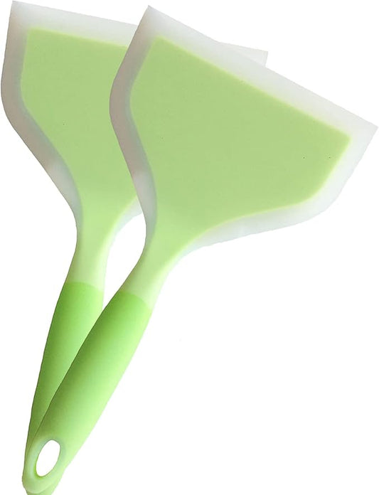 2 Pack Of Silicone Spatula Set For Nonstick Cookware Flat Wide Pancake Spatula Food Turner Heat Resistant Kitchen Omlet Flipper For Egg Tamales Pizza (Green)