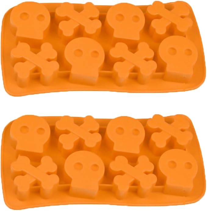 8 Cavities Silicone Cookies Biscuit Mold, Christmas Halloween Candy Mold, Reusable DIY Baking Mold Jelly Chocolate Mold, Ice Cube Tray Wax Melt Molds(Set of 2 Orange Skull)