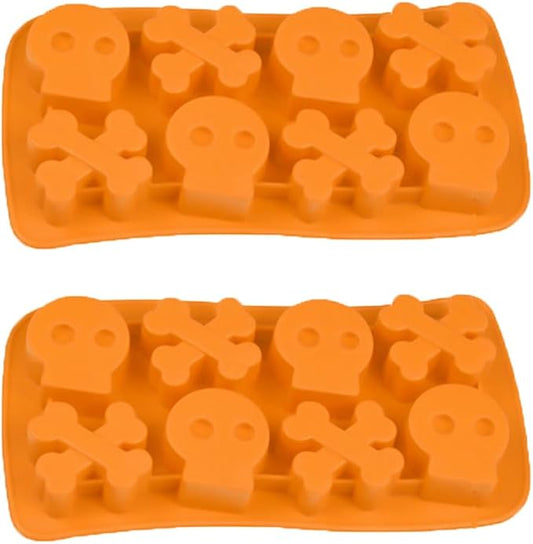 8 Cavities Silicone Cookies Biscuit Mold, Christmas Halloween Candy Mold, Reusable DIY Baking Mold Jelly Chocolate Mold, Ice Cube Tray Wax Melt Molds(Set of 2 Orange Skull)