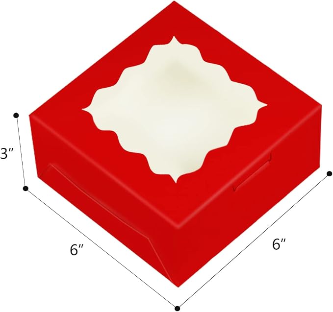 Bakepacker 60pcs Red Cookie Boxes 6x6x3 inches Easy Assemble Macaroon Pastry Boxes Bakery Boxes with Window for Bakery
