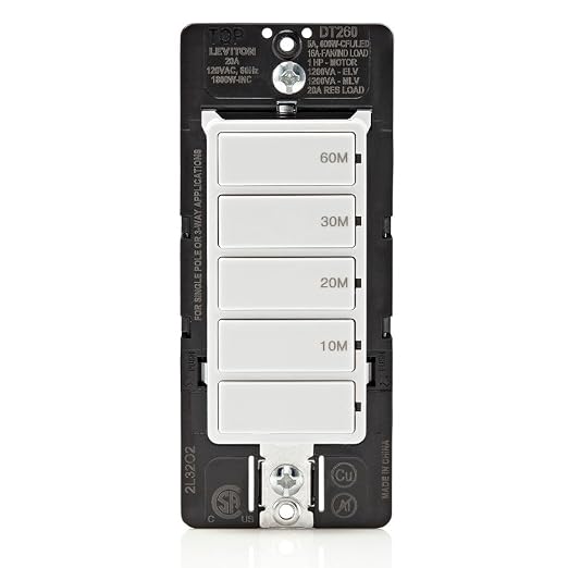 Leviton Countdown Switch for bathroom household lights, 10-20-30-60 min, Neutral Wire Required, 20A, 1HP/16A Fan/Motor, Single Pole, Multi-Way or Multi-Timer, DT260-1LW, White