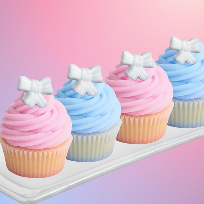 Ready to Use Sugar Decoration Toppers For Cake Cupcakes Cookies and More (White Bow)
