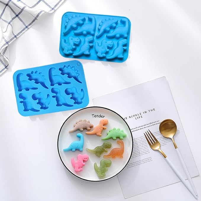 2Pcs Dinosaur Silicone Candy Molds - 8-Cavity Gummy Dinosaur Molds Shaped with T-rex, Stegosaurus, Triceratops, Brontosaurus, Non-stick and Bpa Free for Chocolate, Soaps, Crayons, Ice Cubes
