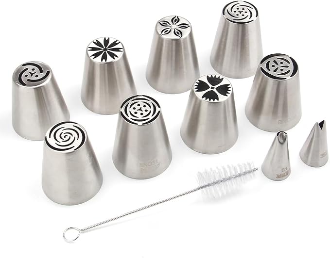 11 Pieces Stainless Steel Icing Tips Set, 8 Medium Russian Tulip Pastry Cupcake Dessert Piping Nozzle,1 Cleaning Brush,1 Ruffle Tip,1 Small Leaf Icing Tip for Cake Decorations