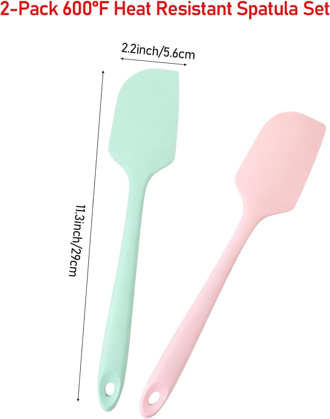 2-Pack 600°F Heat Resistant Spatula Set, 11.34 Inch Seamless Silicone Scrapers (Pink & Green) - Flexible & Gentle on Nonstick Cookware for Baking, Mixing, Stirring