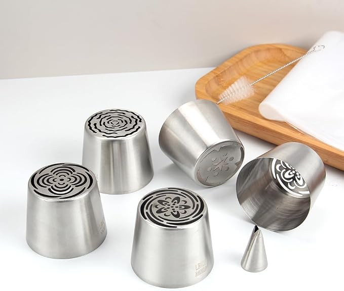 7 Pieces Stainless Steel Extra Large Russian Tulip Icing Tips Set, 5 XXL Russian Flower Piping Nozzles,1 Cleaning Brush,1 Small Leaf Tip for Cake Decorations,Flower Frosting Nozzles for Decorating