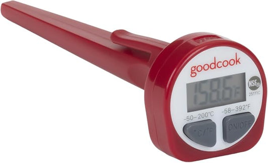 GoodCook Everyday Digital Food Thermometer Instant Read with Stainless Steel Probe, Fahrenheit & Celsius Display & Includes Storage Sleeve, Red