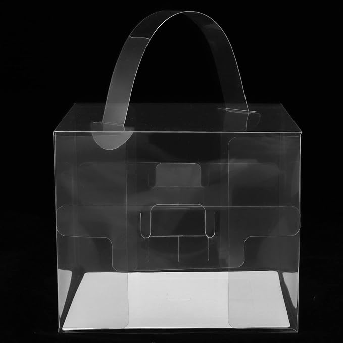KEILEOHO 50 PCS 5 x 5 x 4 Inch Transparent Bakery Boxes, Clear Cake Box, Plastic Cake Carrier with Lid and Handle Transparent Gift Favor Box Cupcake Treat Boxes for Party, Wedding
