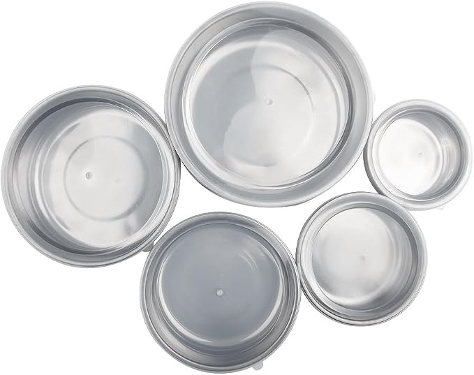 Stainless Steel Mixing Bowls Set with 5 Lids, 5-Piece Nesting Food Storage Containers for Meal Prep and Leftovers, Dishwasher Safe Kitchen Gadgets in Silver, Sizes 10cm to 18cm