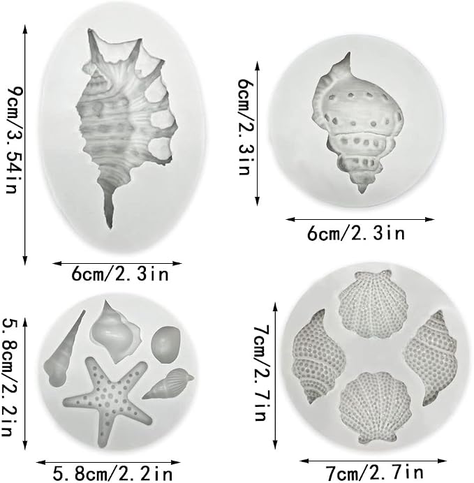 4 PCS Marine Theme Cake Fondant Silicone Mold Seashell Conch Starfish Baking Molds for DIY Cake Decoration Chocolate Candy Polymer Clay Crafting Projects