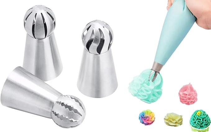 Russian Ball Piping Tips Set with Bags,3 Pcs Russian Piping Tips Flower for Cake Decorating & 20 Disposable Pastry Bags 12inch for Frosting