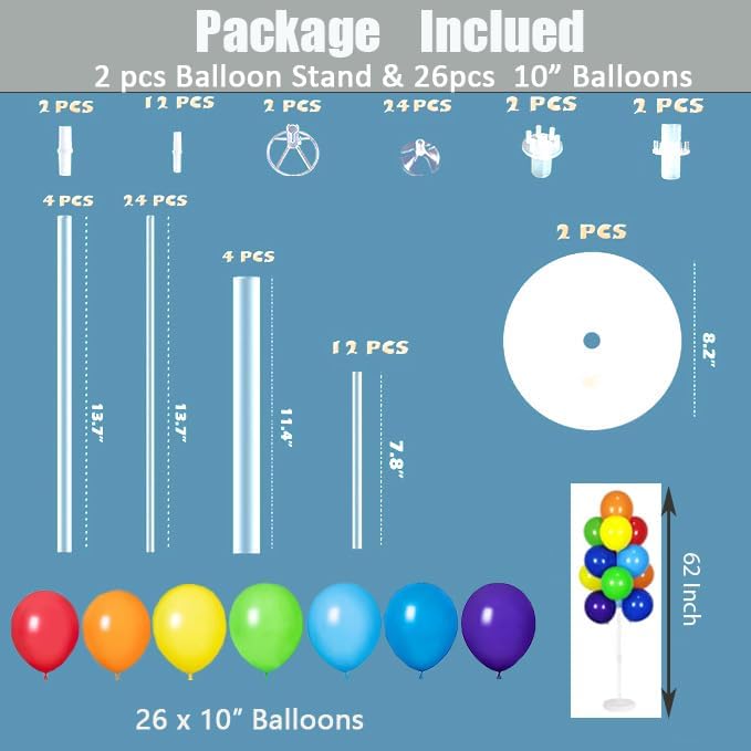 Leesoot 2 Sets 62inch Rainbow Floor Balloon Column Kit Stand with Balloon Backdrop Decoration for Graduation Wedding Birthday Baby Shower Gender Reveal Party Balloon Tower Balloon Tree