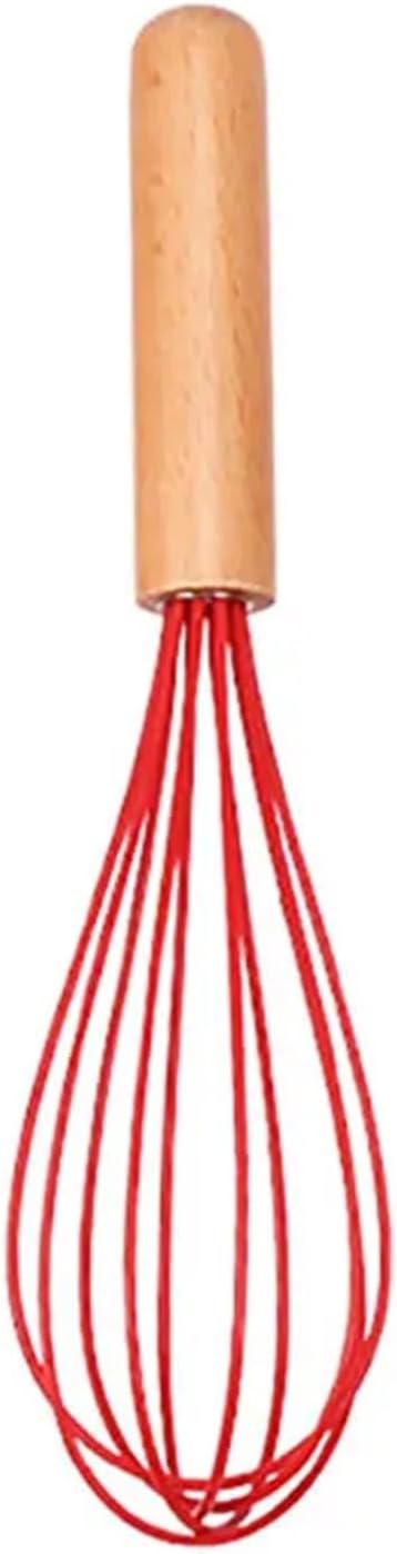 Silicone Egg Beater Manual Coil Whisk with Wooden Handle Cream Mixer Kitchen Baking Tool(Red)