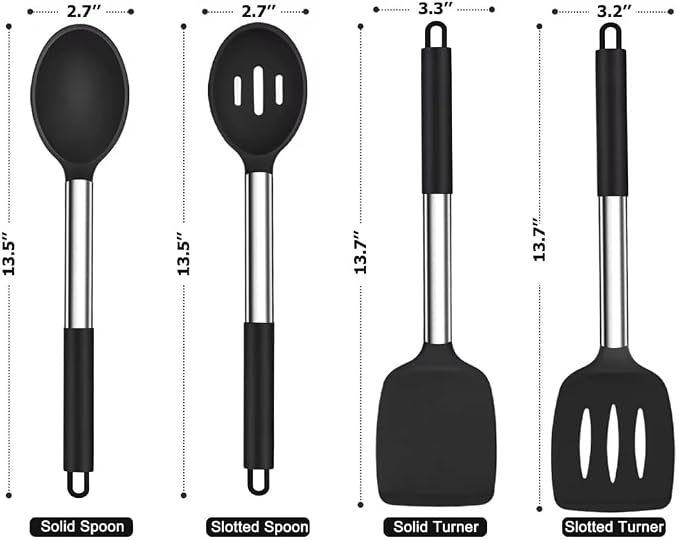 Premium Silicone Kitchen Utensil Set, 4-Piece Cooking Tools with Stainless Steel Handles, Black Non-Stick Spatula and Spoon Collection