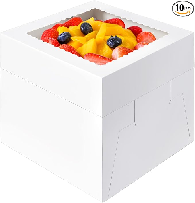 10 Pcs Cake Boxes, 10x10x8 Inch Tall Cake Box with Window, White Cake Boxes 10 Inch, Large Square Cake Box, Disposable Bakery Boxes for Cake Pastry Desserts Cookies Pies Wedding Birthday Party