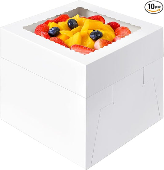 10 Pcs Cake Boxes, 10x10x8 Inch Tall Cake Box with Window, White Cake Boxes 10 Inch, Large Square Cake Box, Disposable Bakery Boxes for Cake Pastry Desserts Cookies Pies Wedding Birthday Party