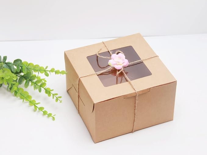Kraft Bakery Boxes 8x8x5 Inch - 10Pack Window Gift Boxes | Includes twine & stickers. Sturdy kraft. For cookies, cupcakes, pastries, wedding favors, party treats & DIY