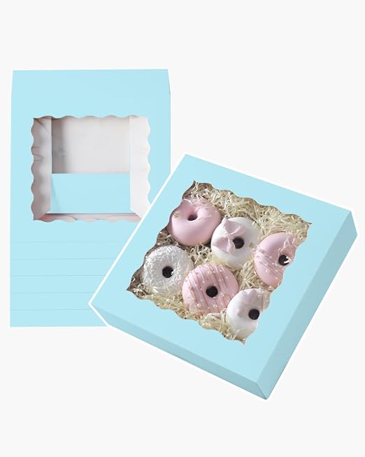 qiqee Auto-pop Up Light Blue Pastry Box With Window 8x8x2.5 Inch Donut Pie Boxes 30pcs Bakery Box