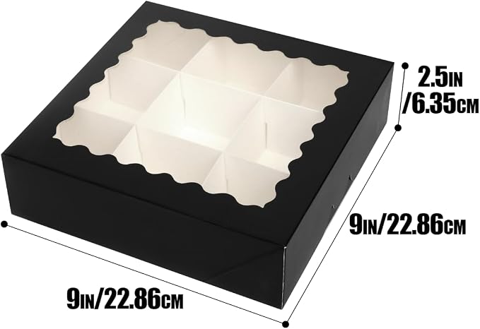 qiqee 9x9x2.5 Inch Black Pie Boxes with Window 12Packs Cookie Donut Bakery Box (Auto-pop Up)