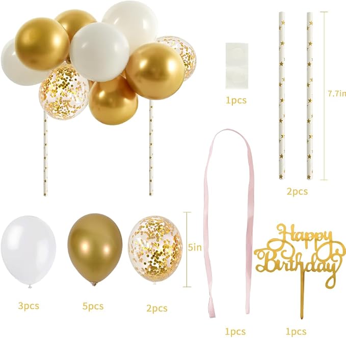 BEISHIDA Happy Birthday Cupcake Toppers - White Gold Mini Balloon Cloud Birthday Cake Decorations for Wedding Anniversary Baby Shower Decorations