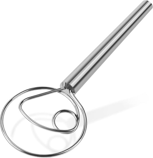 Danish Dough Whisk Stainless Steel Wooden Handle for Sourdough Bread Pizza and Pastry Making