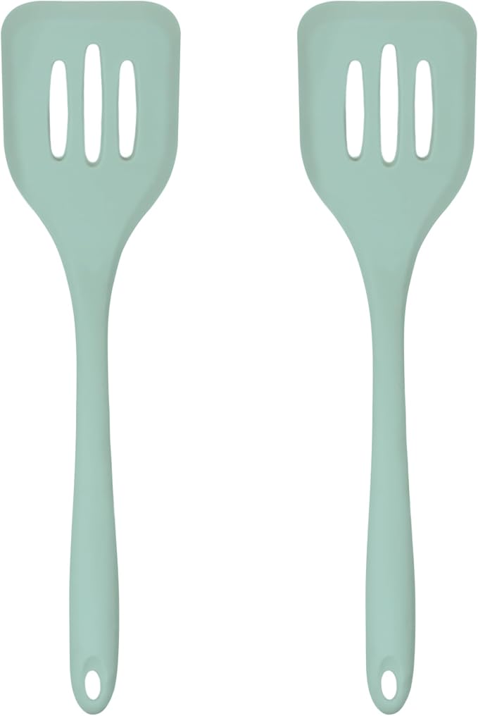 Silicone Slotted Turner Set – 2-Piece Set of Turner Spatulas for Eggs and Pancakes – Kitchen Tools & Accessories with Comfortable Handles, Heat-Resistant Utensils for Cooking and Baking – Pastel Green
