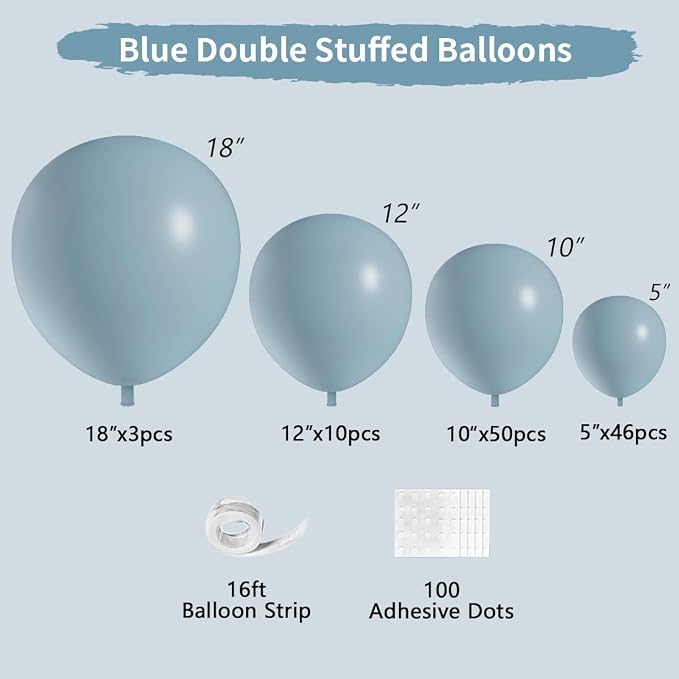 Double Stuffed Balloons Dusty Blue Different Size 115Pcs 5/10/12/18" Slate Dusty Blue Balloons Garland for Birthday Baby Shower Bridal Shower Gender Reveal Bear Neutral Theme Party