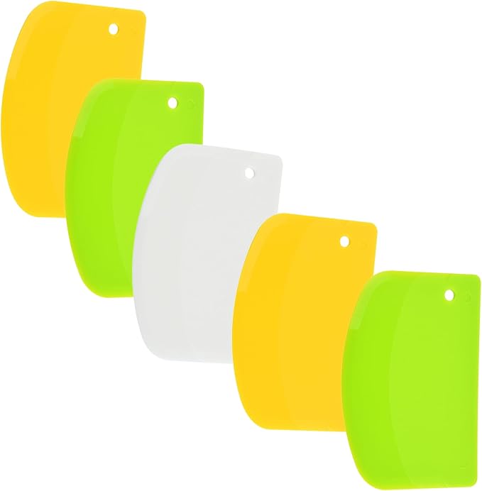 5 Pack Dough Scraper, 5.3 x 3.6 Inch Plastic Bench Scraper, Bowl Spatula, Kitchen Pastry Cutter Tool for Bread Dough, Pastry, Pizza, Baking Cake (Green,Yellow,White)