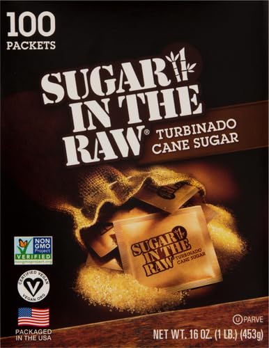 Sugar In The Raw Turbinado Cane Sugar Packets, 100 Ct, Pure, All-Natural Turbinado Sugar, Non-GMO Project Verified, Kosher, Vegan and Gluten Free (Pack of 2)