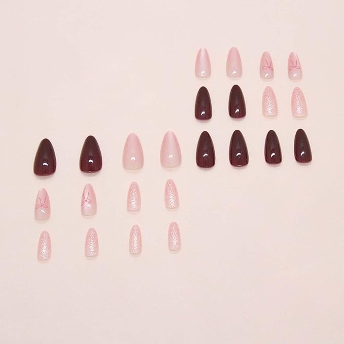 30Pcs Press on Nails Short Almond ZWENJIE Cat Eye Fake Nails Press ons Nail Tips Stick on Nails Glitter Tip Acrylic Nails Kit French False Nails with Red Blush Design Nail Art for Women Manicure