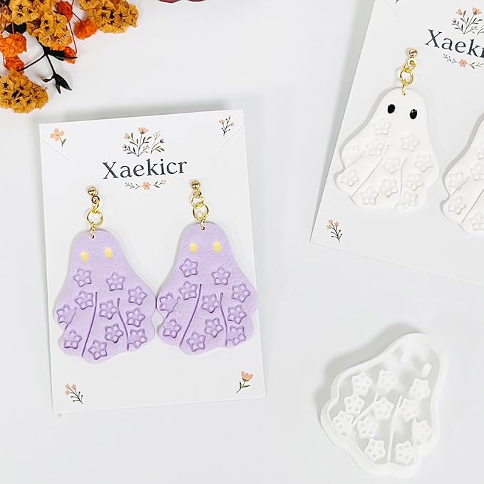 Xaekicr Halloween Ghost Polymer Clay Cutters with Floral Pattern – Cute Clay Earring Cutters Set for DIY Earrings – Polymer Clay Molds and Clay Tools for Halloween Jewelry Making