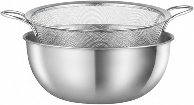 Stainless Steel Mixing Bowl Set with Nested Strainer, 2-in-1 Prep Basin for Washing, Draining, and Mixing