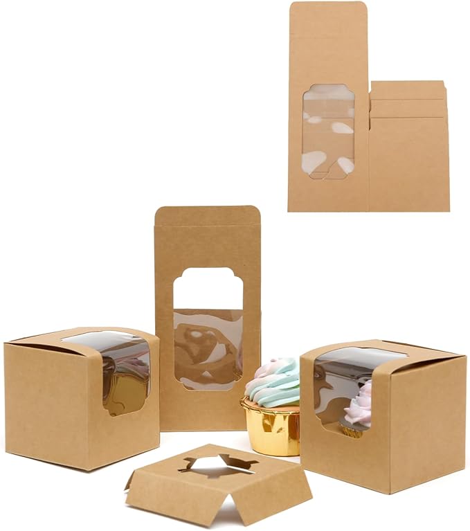 Bakepacker Auto-pop up Cupcake Boxes 200-Packs Brown 3.5" x 3.5" x 3.5", for Cake, Treat Cookie Dessert, Pastry, Birthday Party, Weddings