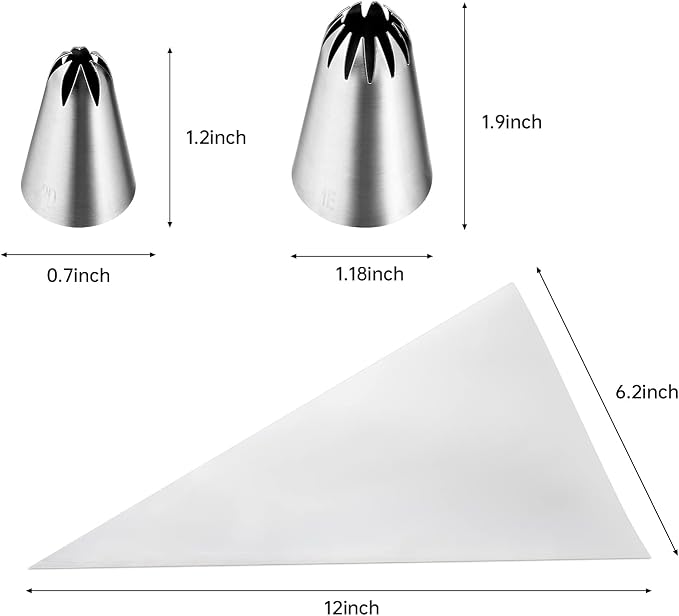 Kasmoire 8Pcs Large Piping Tips Set,Stainless Steel Icing Tips with 10 Disposable Pastry Bags for Cake Decorating