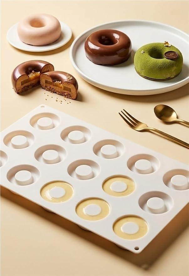 15 Cavity Mini Donut Ring Silicone Mousse Cake Mold, Round Hollow Circle Baking Mold, Non-Stick Food Grade Silicone Tray for Chocolate, Mousse, Ice Cream, Pudding, Dessert Pastry(Black)