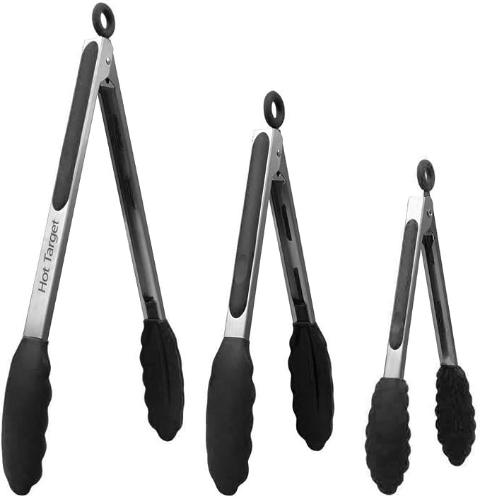 Non-Stick Kitchen Tongs for Cooking - Set of 3: 7, 9, 12-Inch Cooking Tongs w/Rubber/Silicone Tips | Stainless Steel Tong, Metal | Salad Tongs, Pasta, Food Serving, Grill Tongs, Bbq