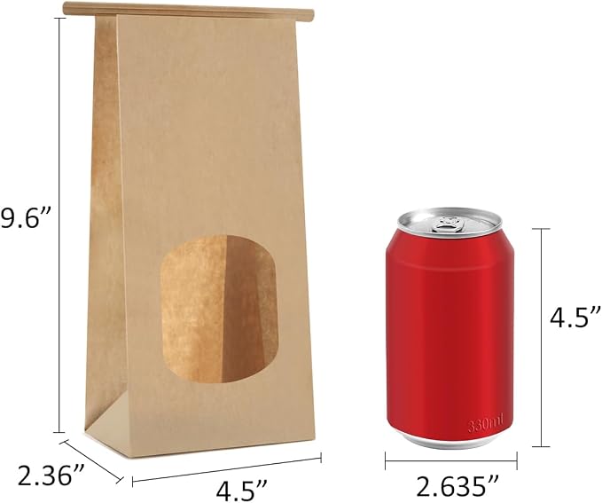BagDream Bakery Bags with Window 50Pcs 4.5x2.36x9.6 Inches Kraft Brown Paper Bags with Window, Tin Tie Tab Lock, for Bakery, Cookie, Coffee Bean, Party Favor, Snack