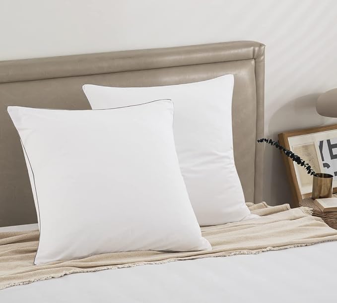 DAUAOTO Euro Shams 26"x26" Square Pillow Cushion Cover 2 Pieces Set Microfiber (White with Decorative Grey Piping)